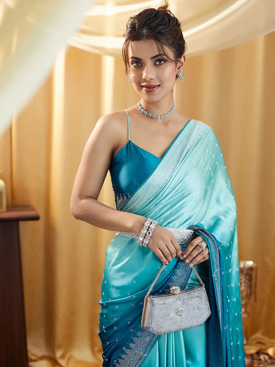 

Mitera Women Embellished Beads and Stones Satin Saree, Turquoise blue
