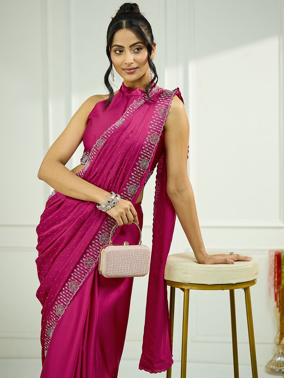 

Mitera Embellished Beads and Stones Satin Saree, Magenta