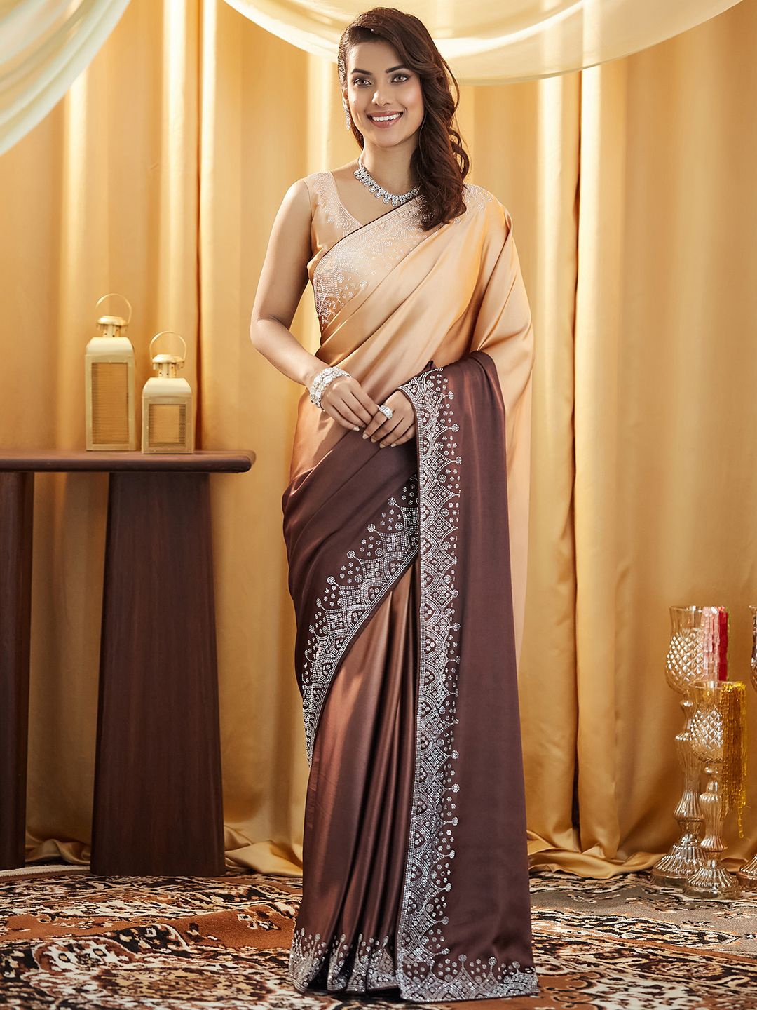 

Mitera Embellished Beads and Stones Satin Saree, Brown