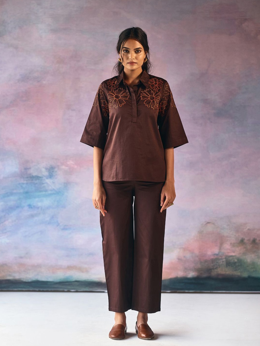 

Prakriti Jaipur Women Brown Marigold Embroidered Shirt Collar Shirt & Trousers Co-Ords
