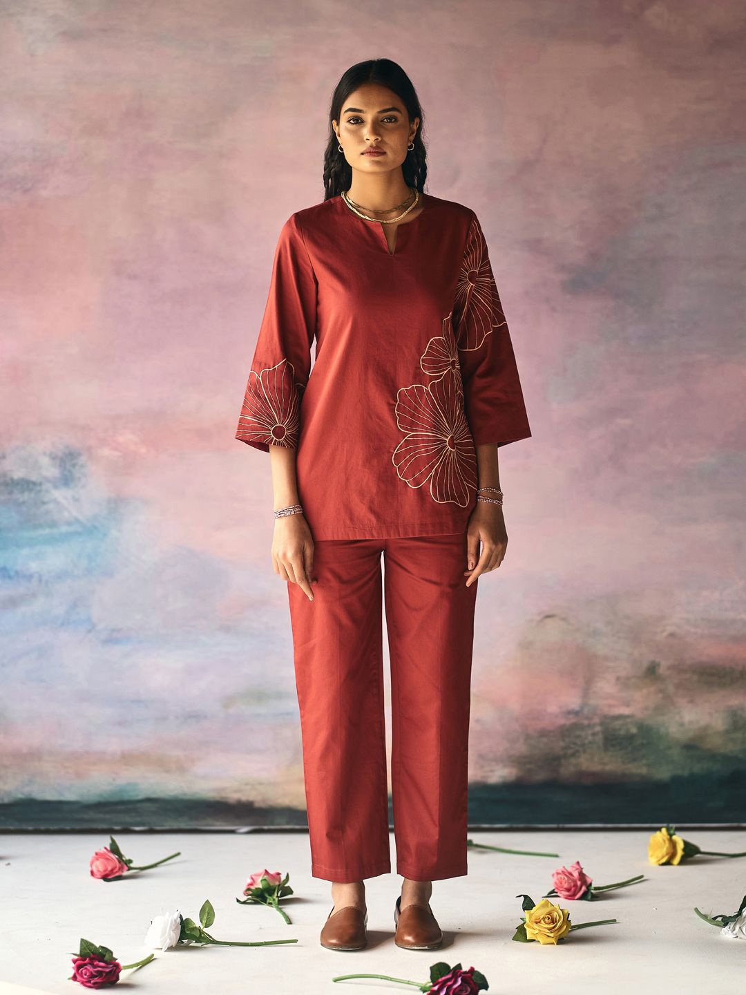

Prakriti Jaipur Magnolia Embroidery Round Neck Top With Trousers Co-Ords Set, Red