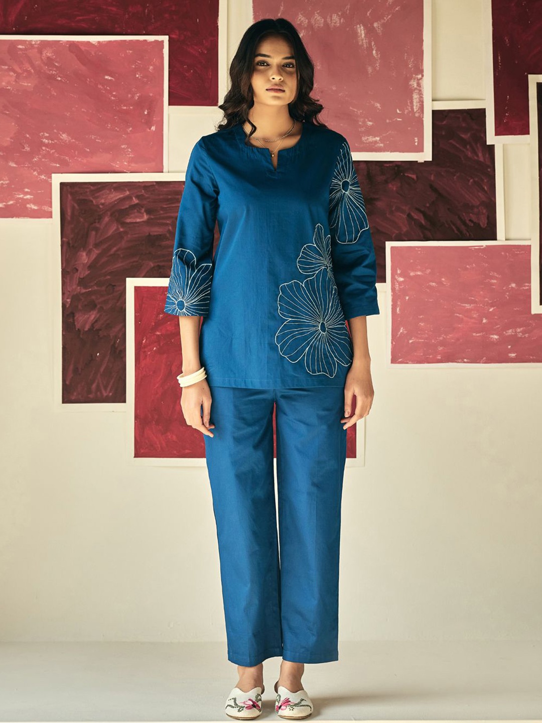 

Prakriti Jaipur Magnolia Embroidery Round Neck Top With Trousers Co-Ords Set, Blue