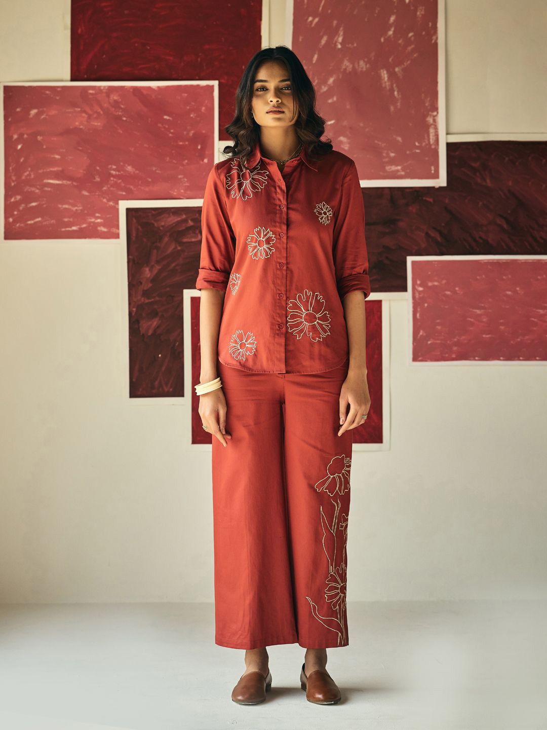 

Prakriti Jaipur Daisy Embroidered Shirt With Trousers Co-Ords, Red