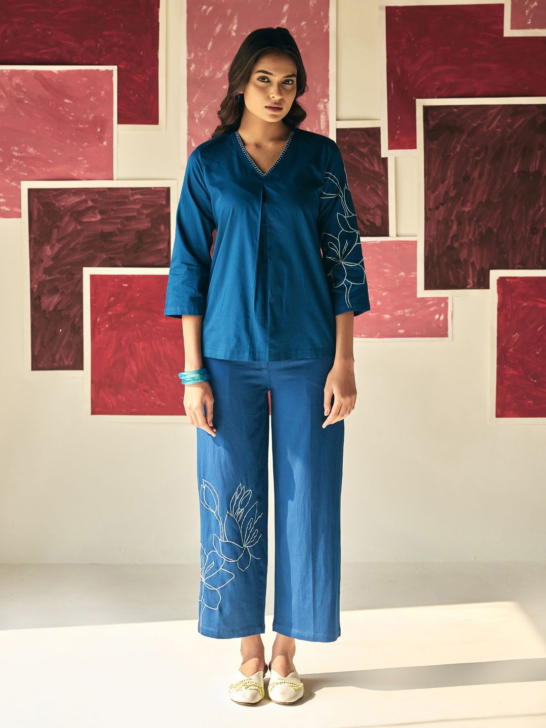 

Prakriti Jaipur Lily Embroidery V-Neck Top With Trousers Co-Ords Set, Blue