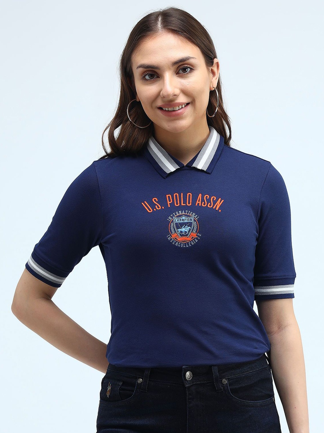 

U.S. Polo Assn. Women Typography Printed Polo Collar Cotton T-shirt, Navy blue