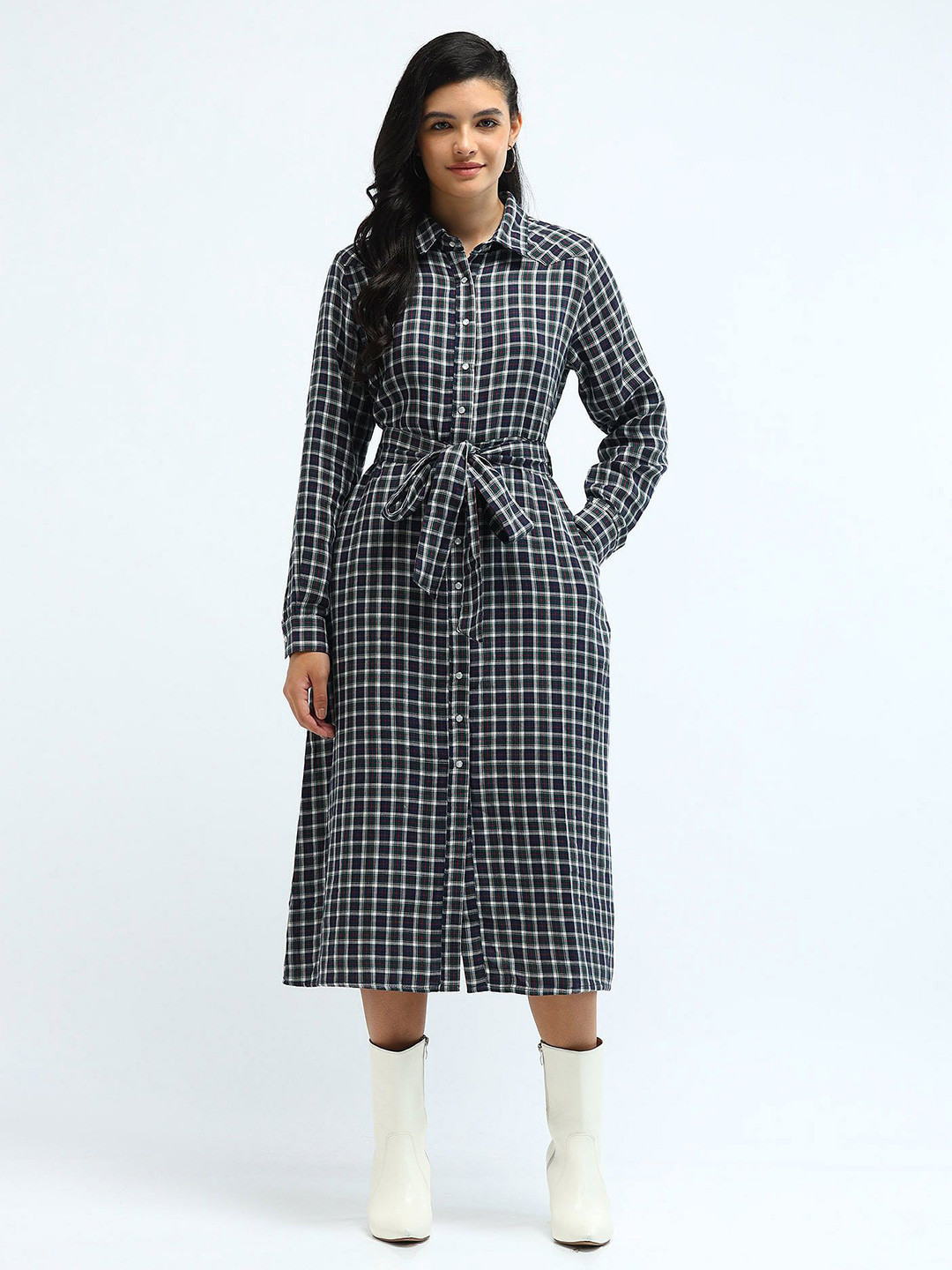 

U.S. Polo Assn. Women Checked Print Shirt Midi Dress, Blue