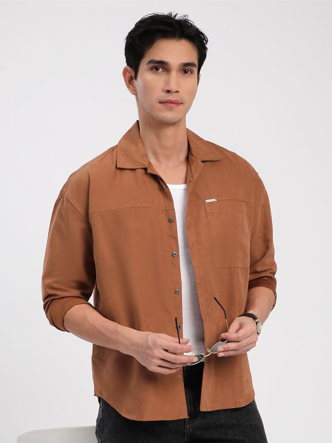 

Beyoung Men Cuban Collar Solid Relaxed Fit Casual Shirt, Rust