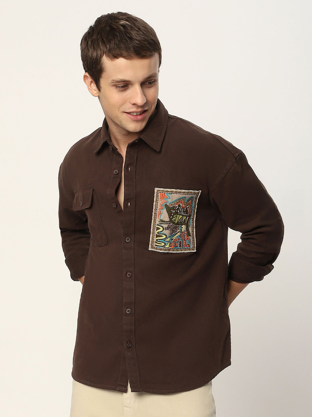 

Beyoung Men Spread Collar Solid Cotton Relaxed Fit Casual Shirt, Olive