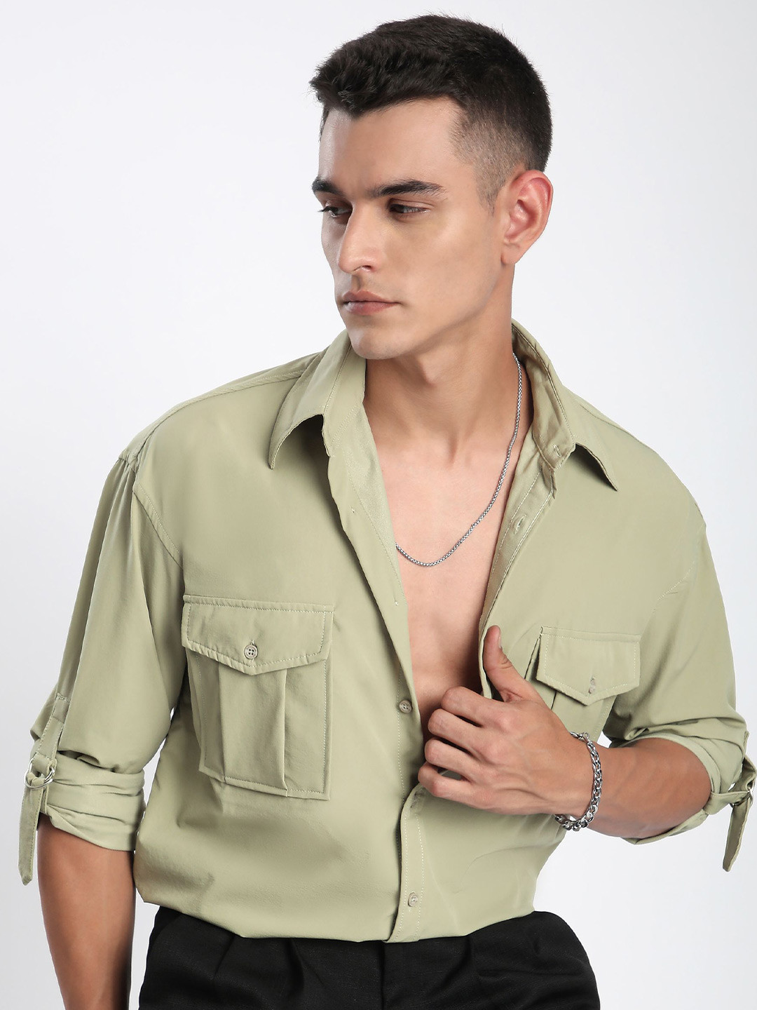 

Beyoung Men Spread Collar Solid Cotton Relaxed Fit Casual Shirt, Olive
