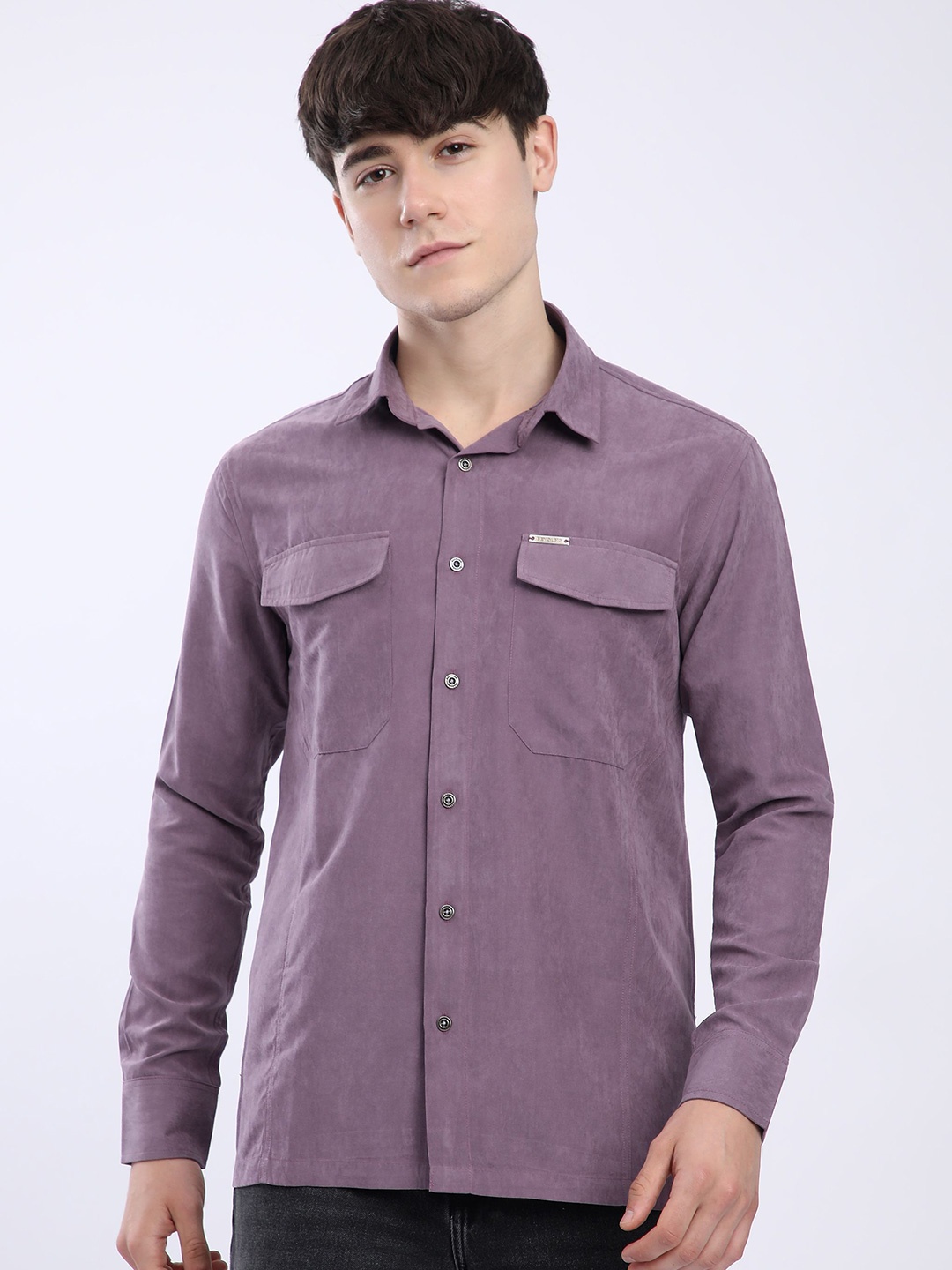 

Beyoung Men Spread Collar Solid Relaxed Fit Casual Shirt, Violet