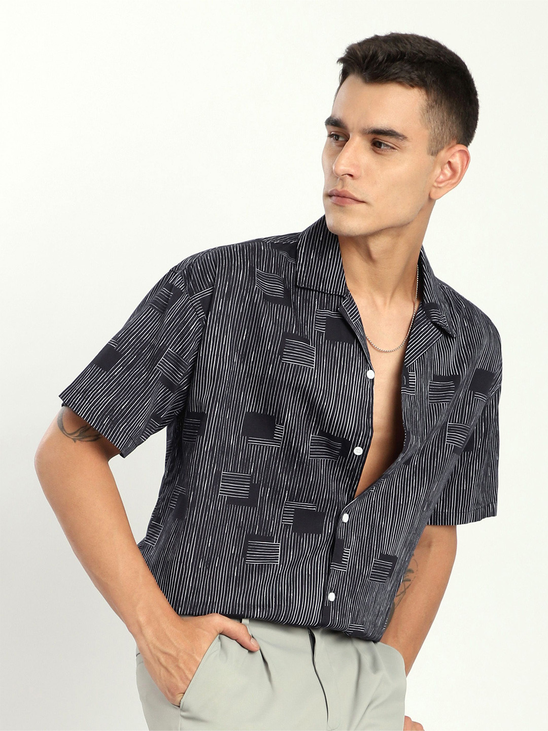

Beyoung Men Cuban Collar Multi Striped Cotton Relaxed Fit Casual Shirt, Black
