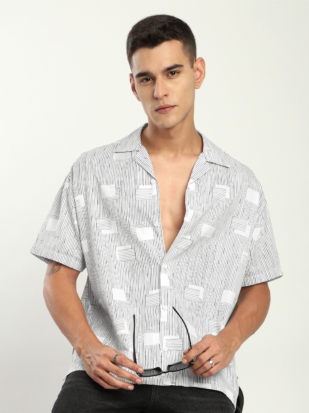 

Beyoung Men Cuban Collar Multi Striped Cotton Relaxed Fit Casual Shirt, White
