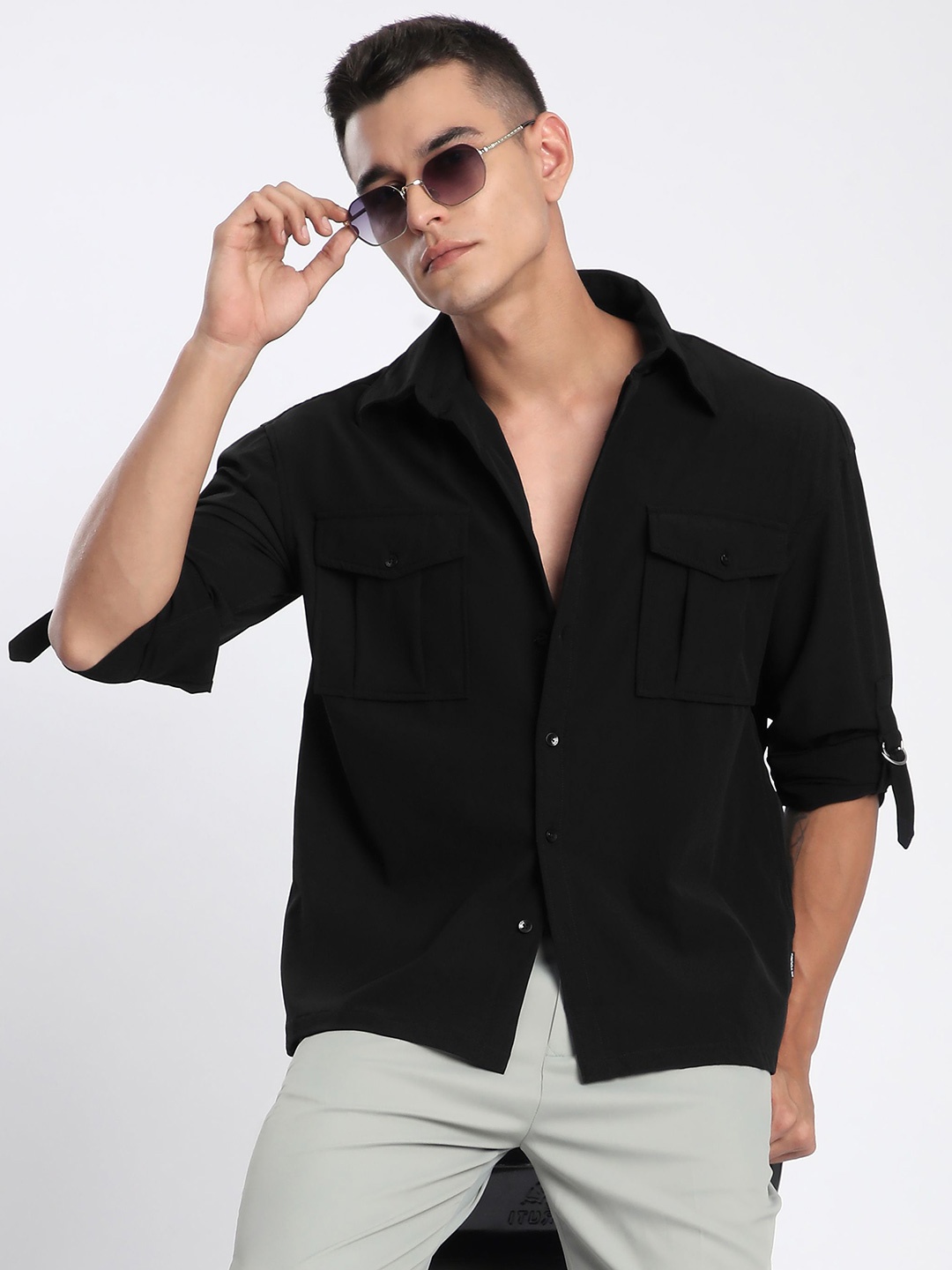 

Beyoung Men Spread Collar Solid Cotton Relaxed Fit Casual Shirt, Black