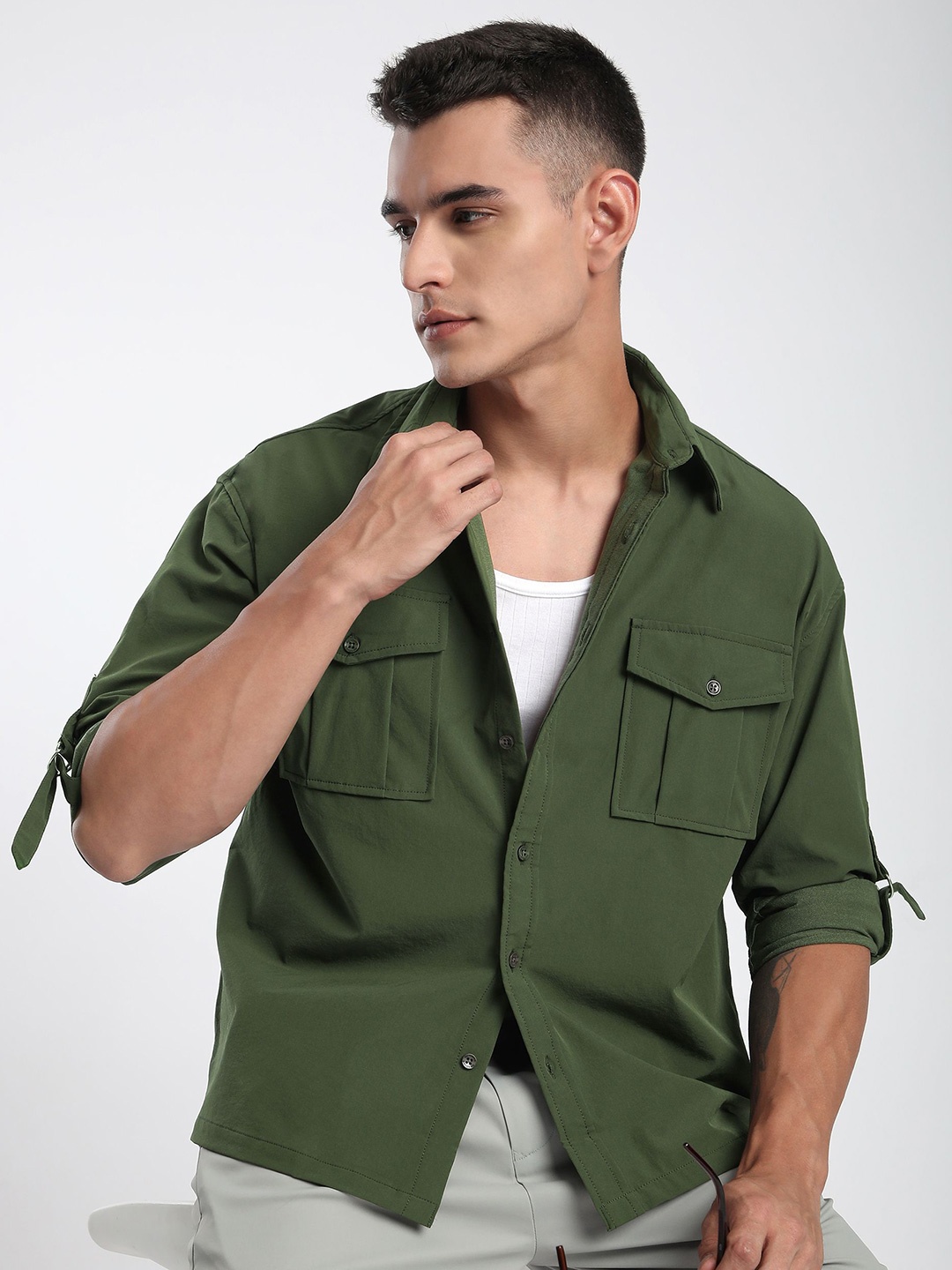 

Beyoung Men Spread Collar Solid Cotton Relaxed Fit Casual Shirt, Olive