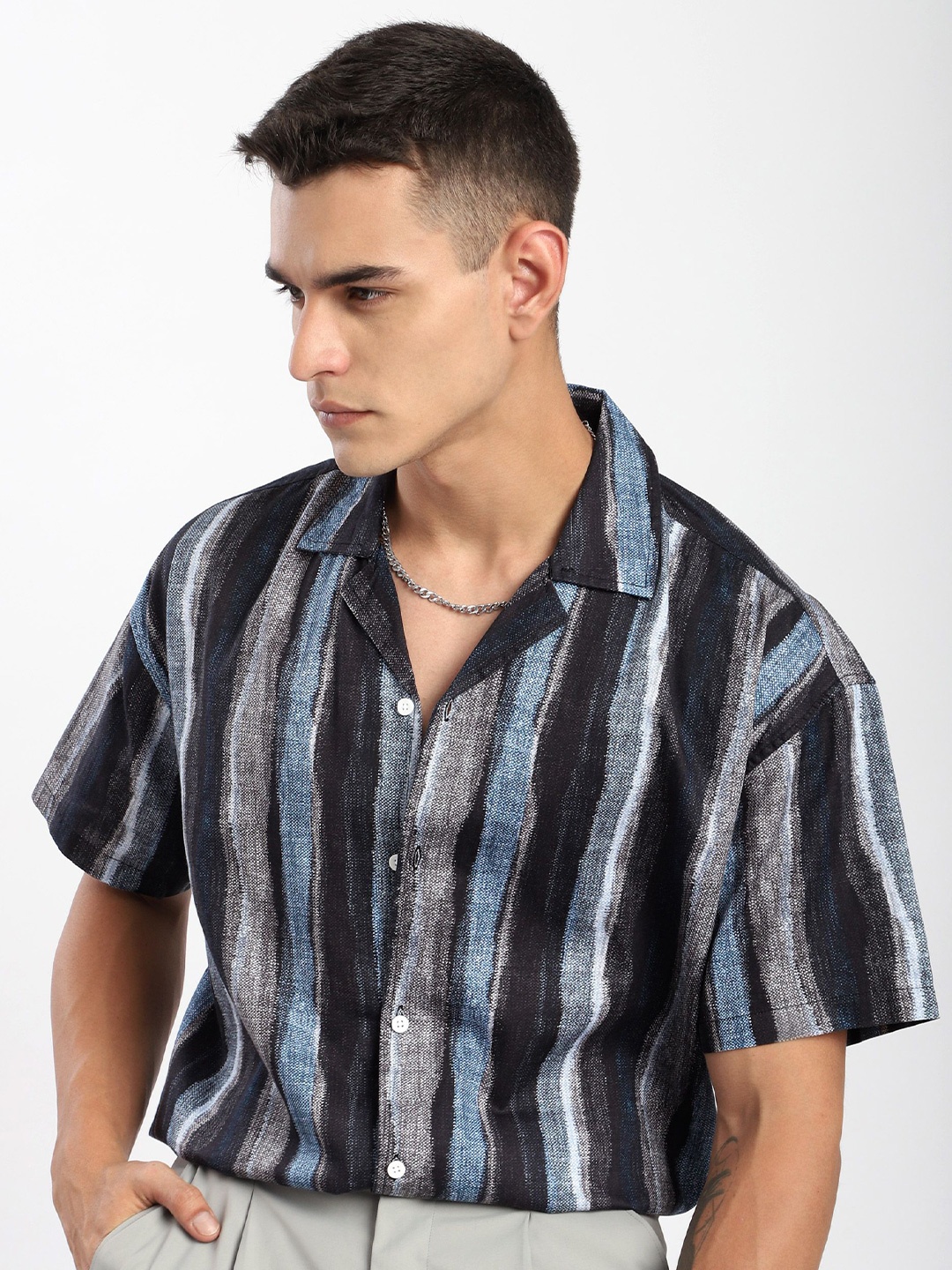 

Beyoung Men Cuban Collar Multi Striped Cotton Relaxed Fit Casual Shirt, Black