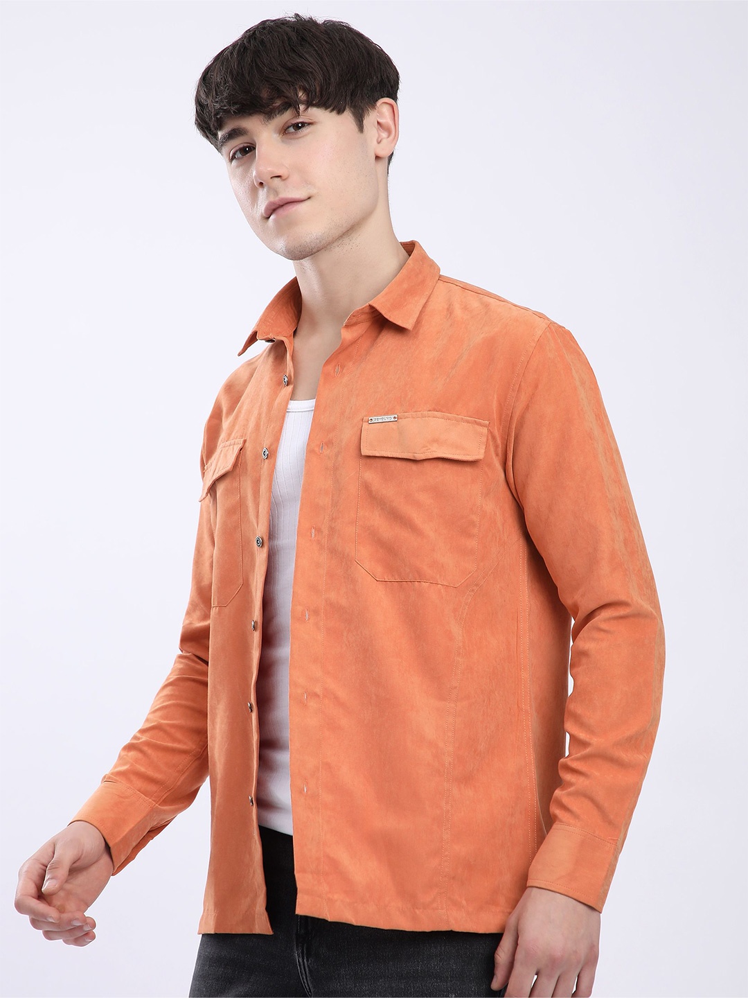 

Beyoung Men Spread Collar Solid Relaxed Fit Casual Shirt, Orange