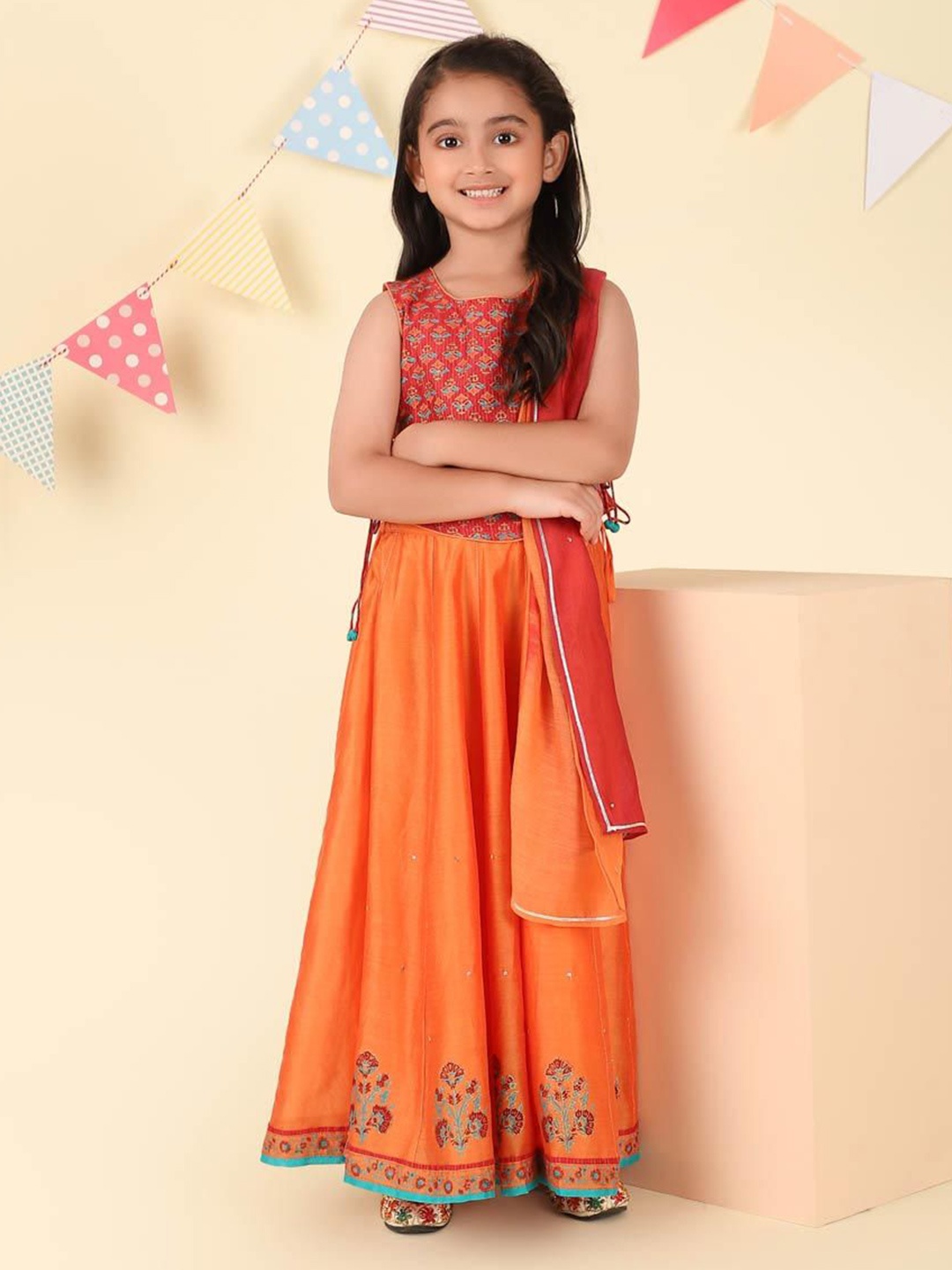 

Fabindia Girls Floral Printed Round Neck Cotton Silk Lehenga With Blouse & Dupatta, Orange