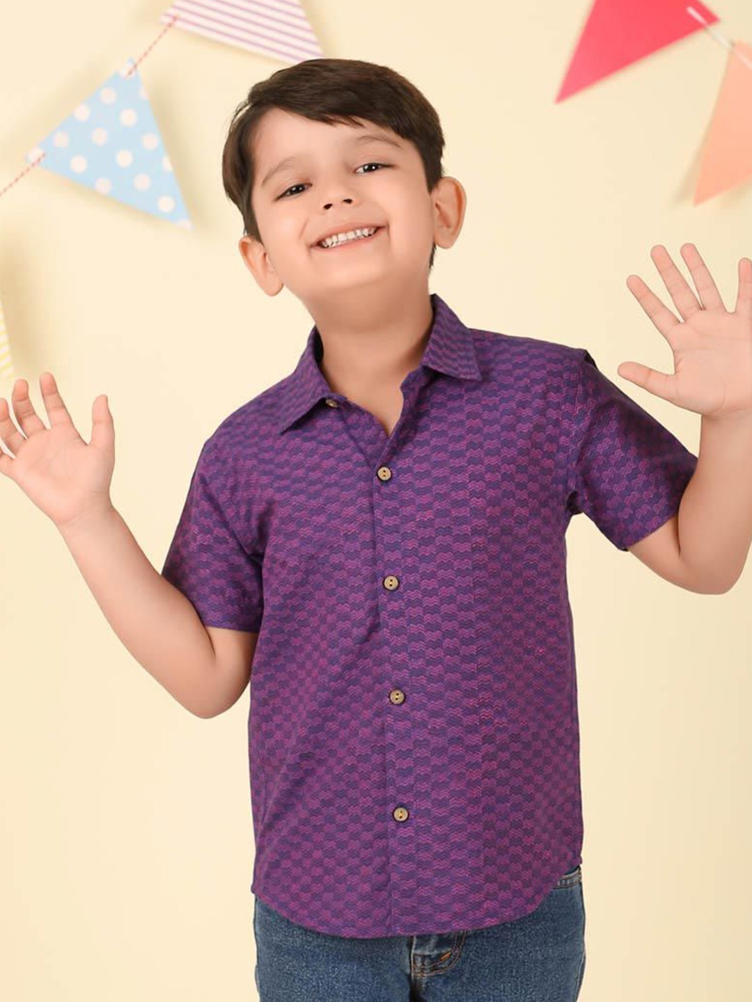 

Fabindia Boys Spread Collar Abstract Printed Cotton Casual Shirt, Purple