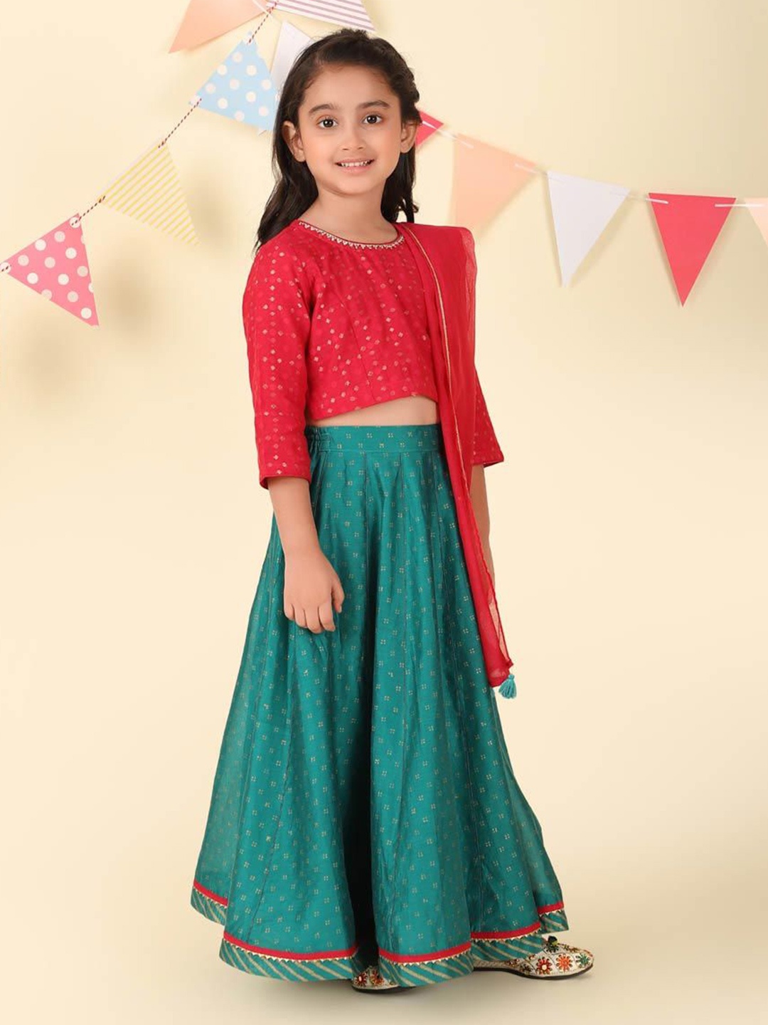 

Fabindia Girls Printed Ready to Wear Cotton Silk Lehenga & Blouse with Dupatta, Teal
