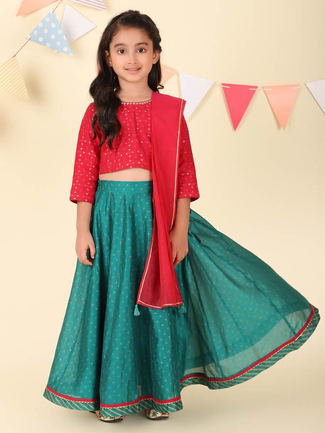 

Fabindia Girls Printed Foil Print Ready to Wear Cotton Silk Lehenga & Blouse With Dupatta, Teal