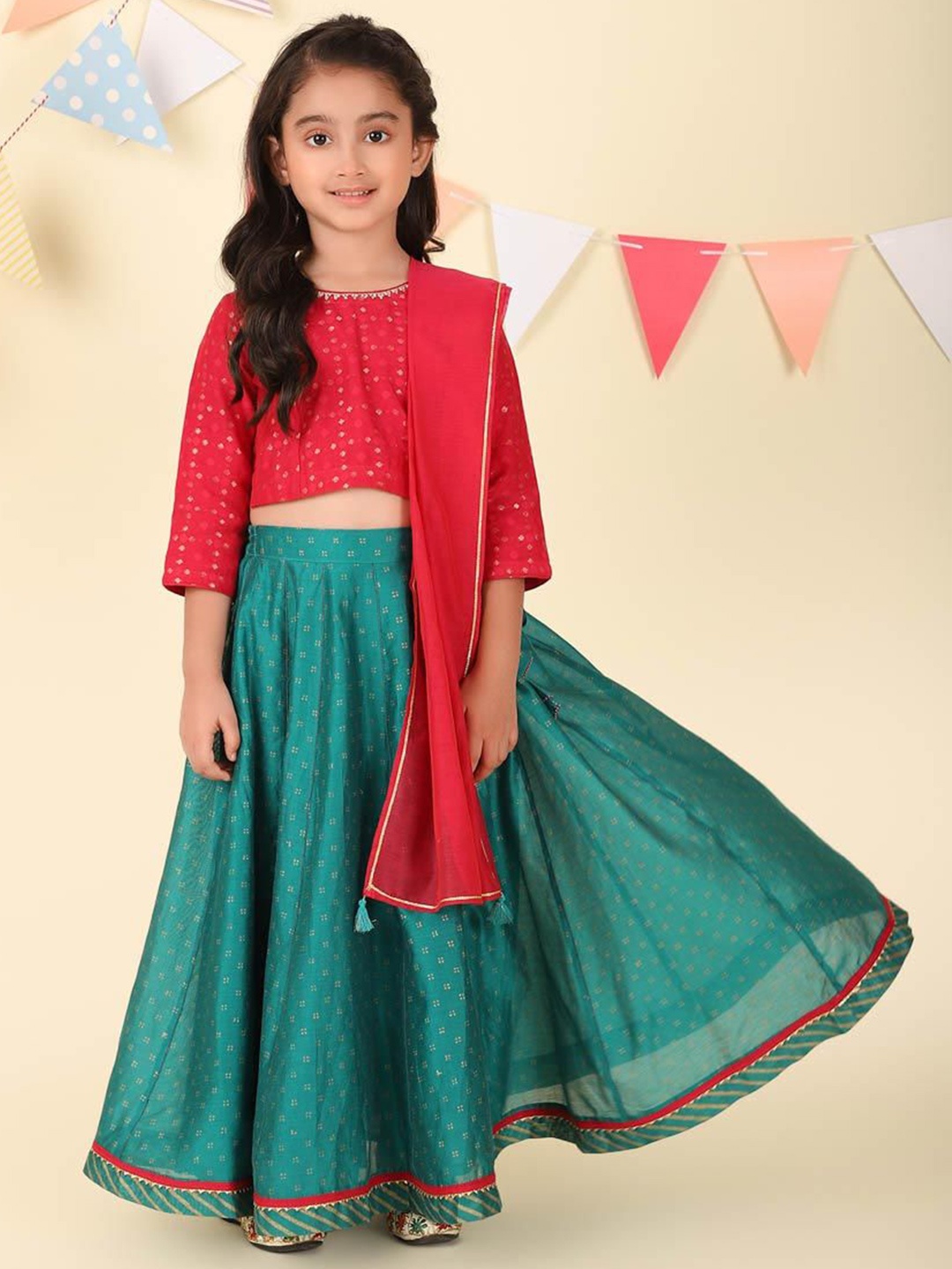 

Fabindia Girls Printed Ready to Wear Cotton Silk Lehenga & Blouse With Dupatta, Teal
