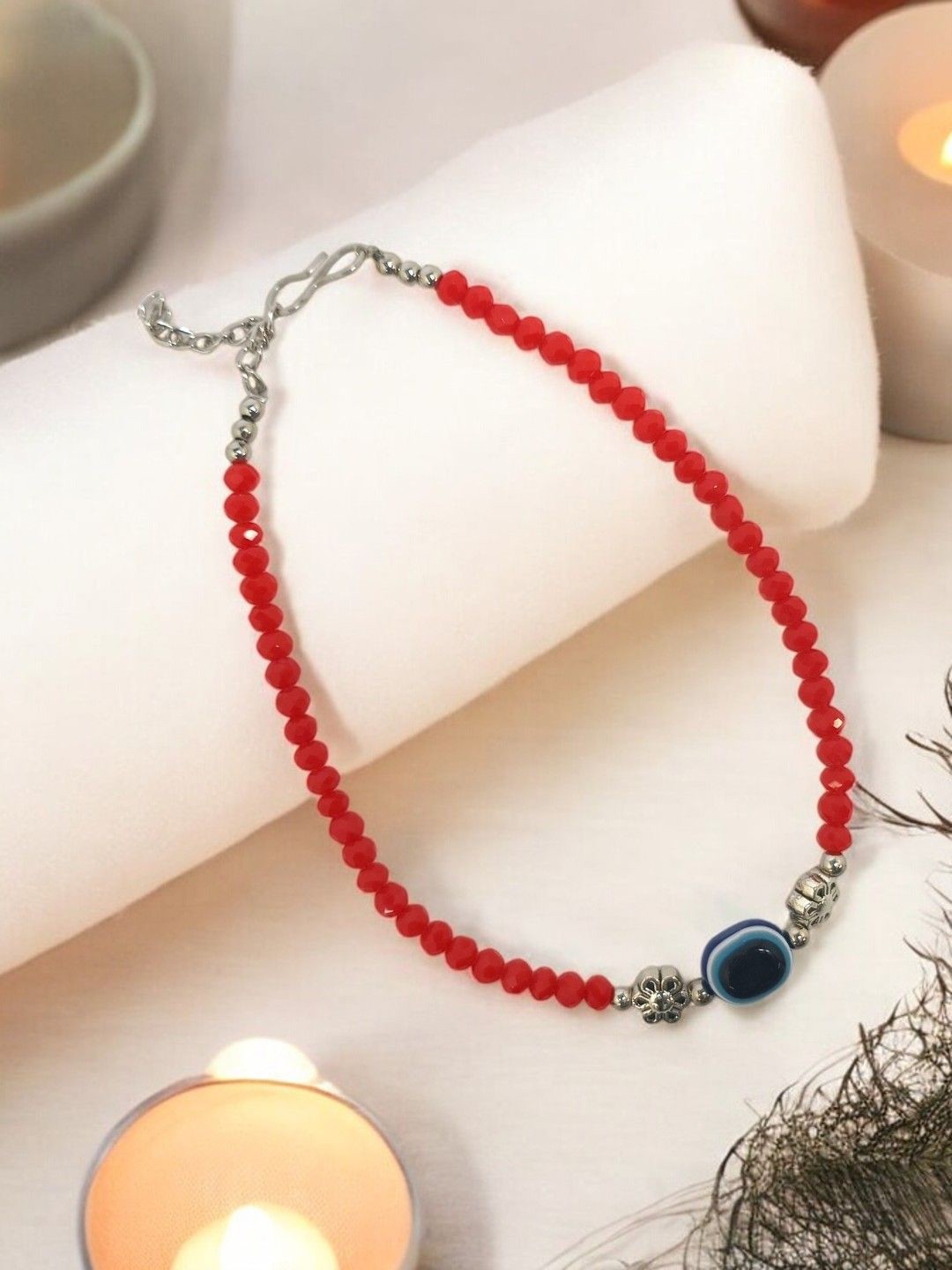 

FEMMIBELLA Silver Plated Artificial Beads Evil Eye Anklet