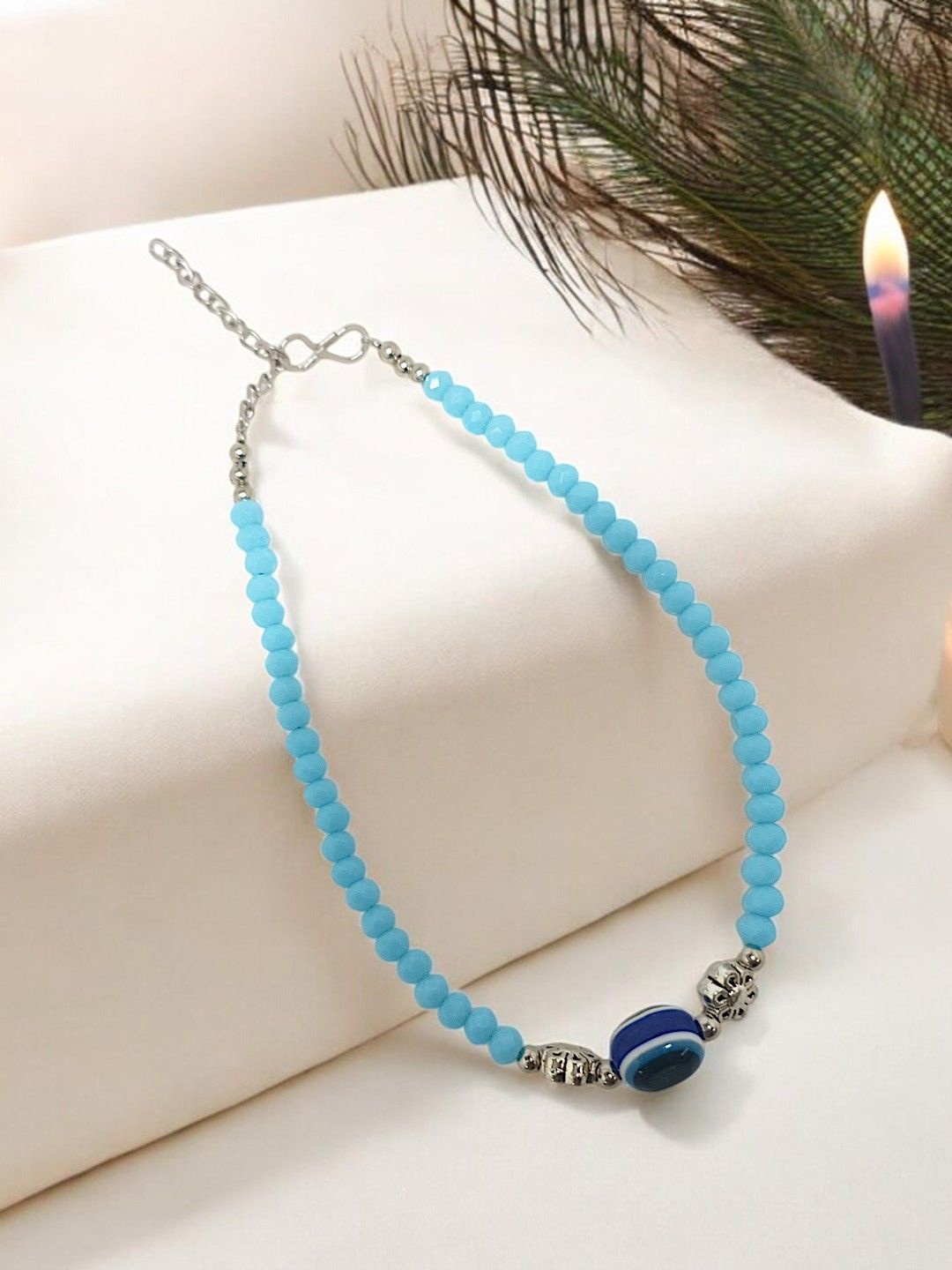 

FEMMIBELLA Silver Plated Artificial Beads Evil Eye Anklet