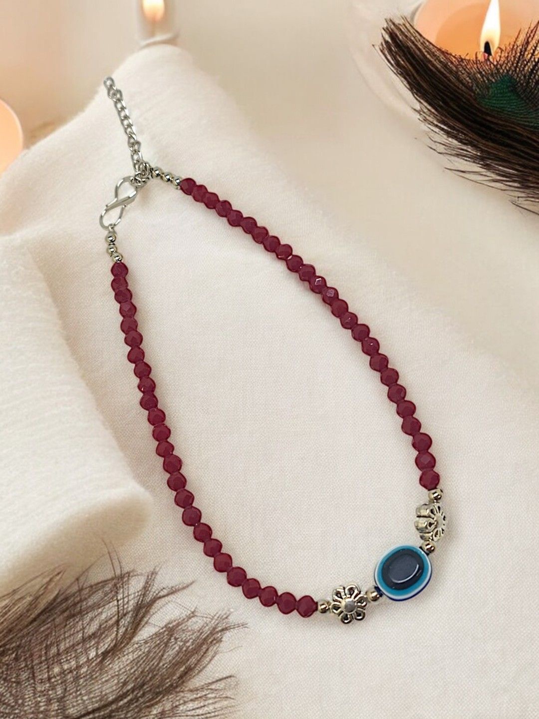 

FEMMIBELLA Silver Plated Artificial Beads Evil Eye Anklet