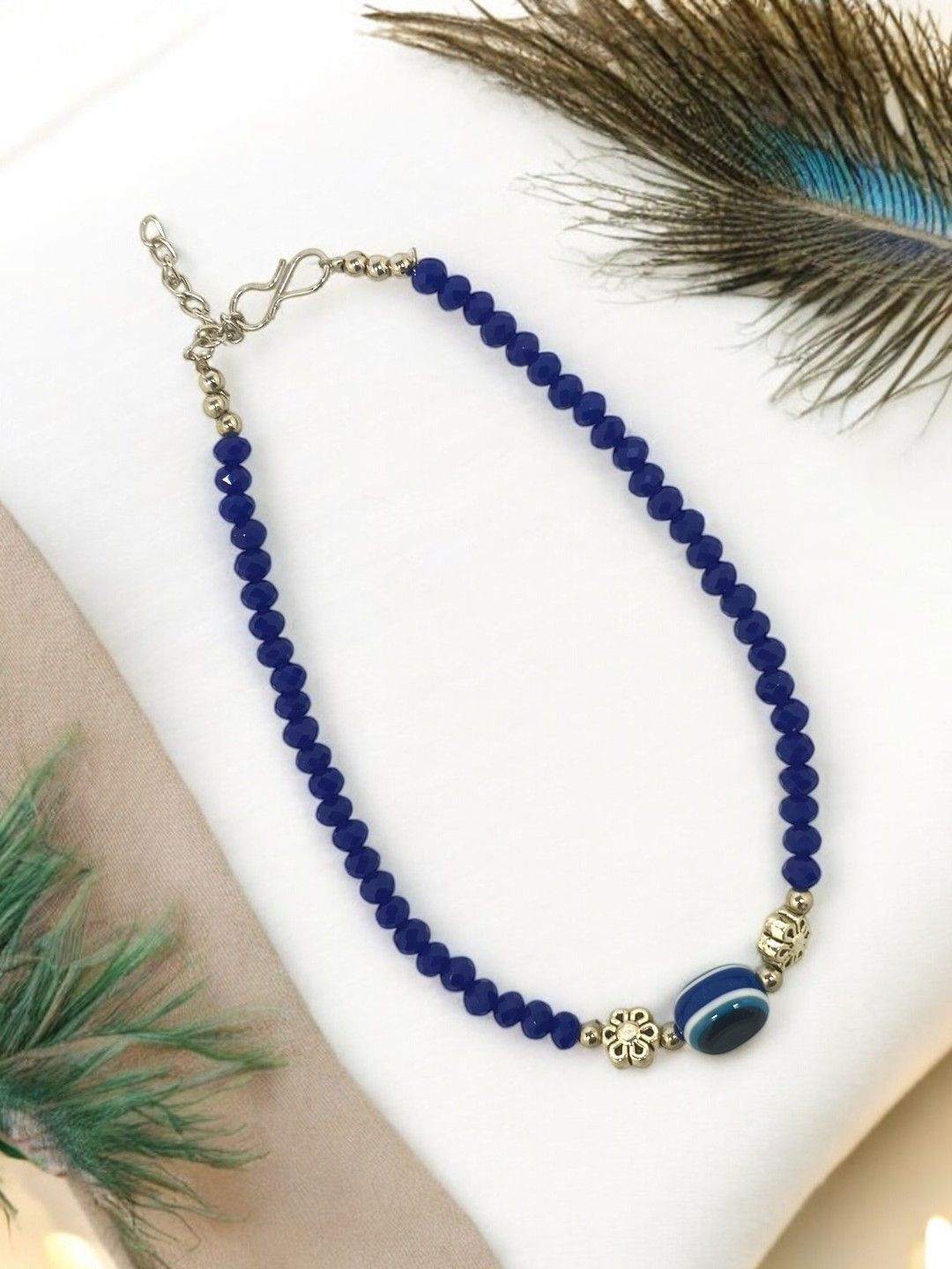

FEMMIBELLA Silver Plated Artificial Beads Evil Eye Anklet