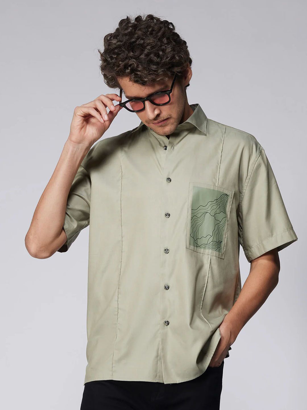 

Bombay Shirt Company Men Relaxed Spread Collar Solid Cotton Oversized Casual Shirt, Olive