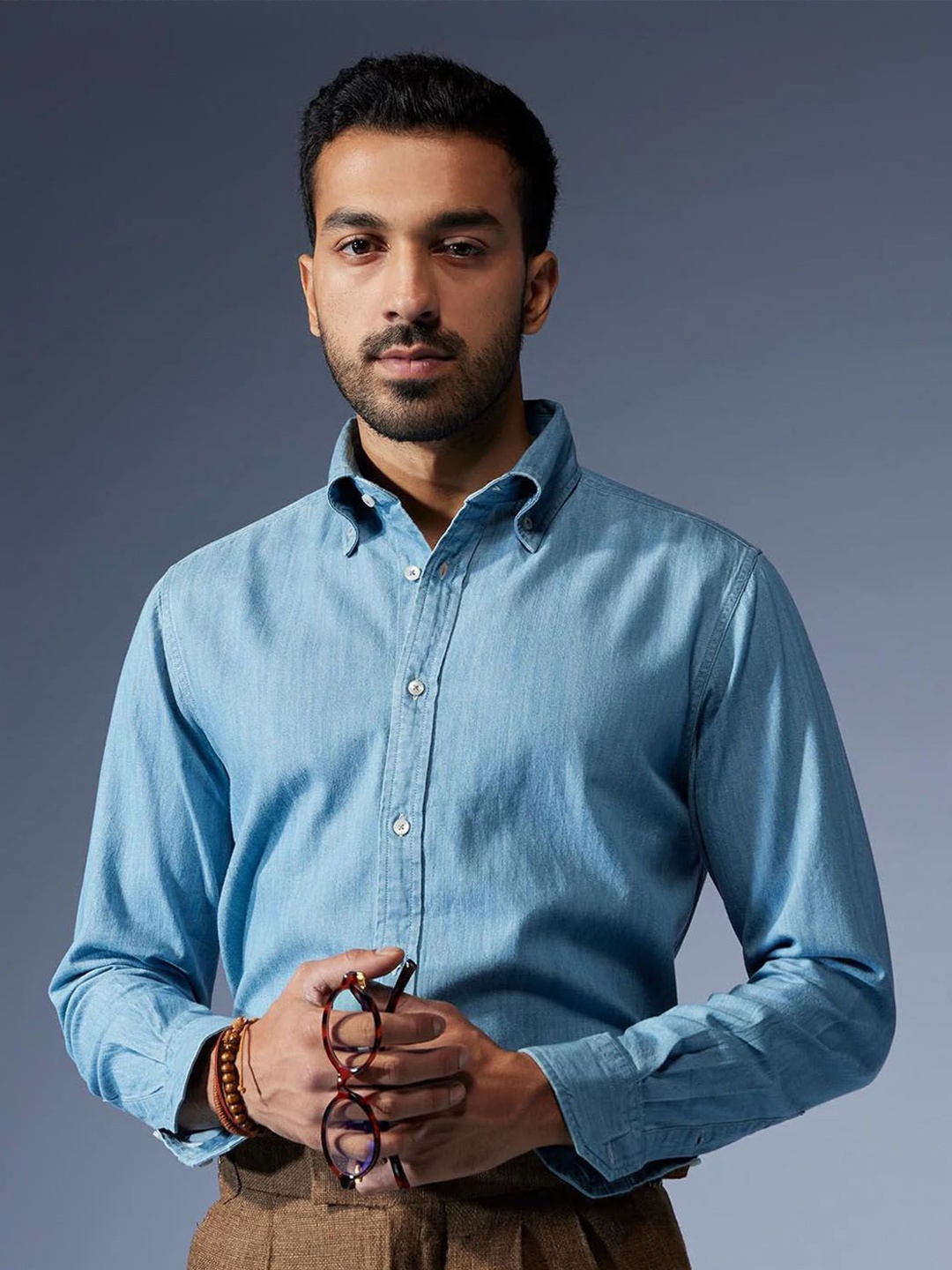 

Bombay Shirt Company Men Custom Fit Solid Cotton Tailored Fit Formal Shirt, Blue