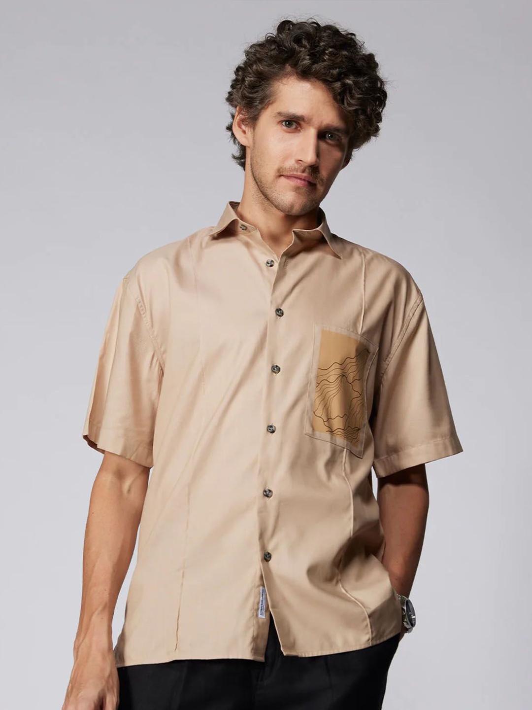 

Bombay Shirt Company Men Relaxed Fit Spread Collar Solid Cotton Oversized Casual Shirt, Beige