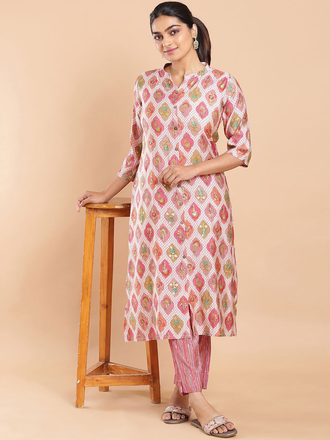 

Kalyan Silks Floral Printed Mandarin Collar Kurta with Trouser, Cream
