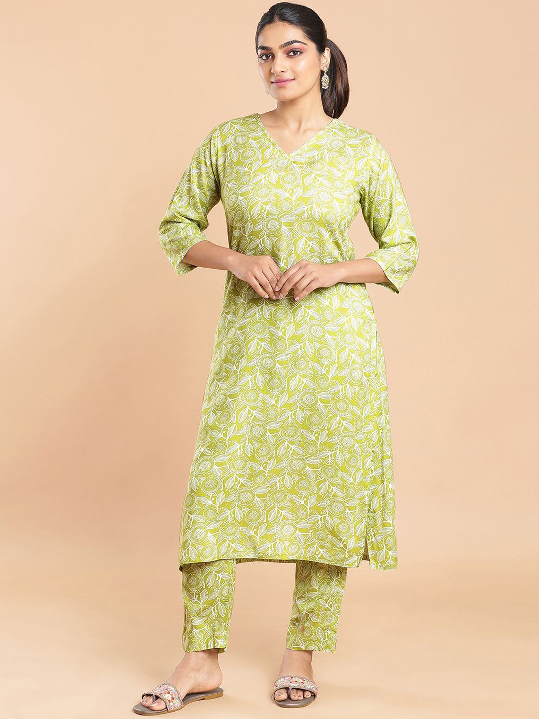 Kalyan Silks Floral Printed Kurta with Trouser, Lime green