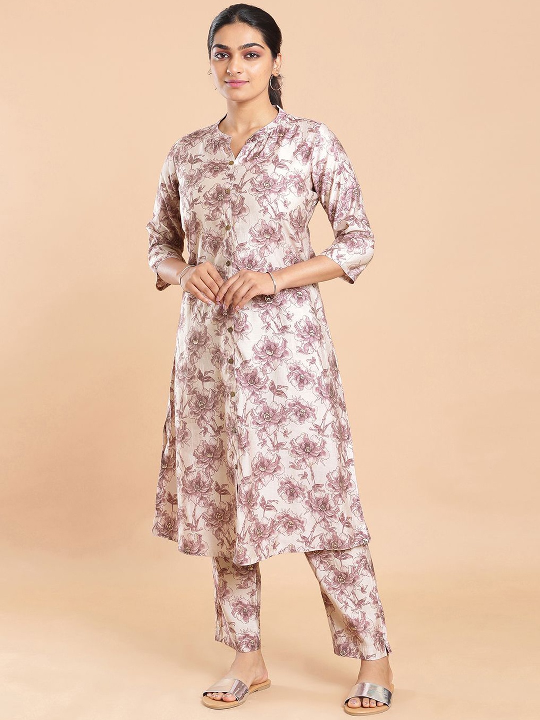 

Kalyan Silks Floral Printed Mandarin Collar Kurta with Trouser, Purple