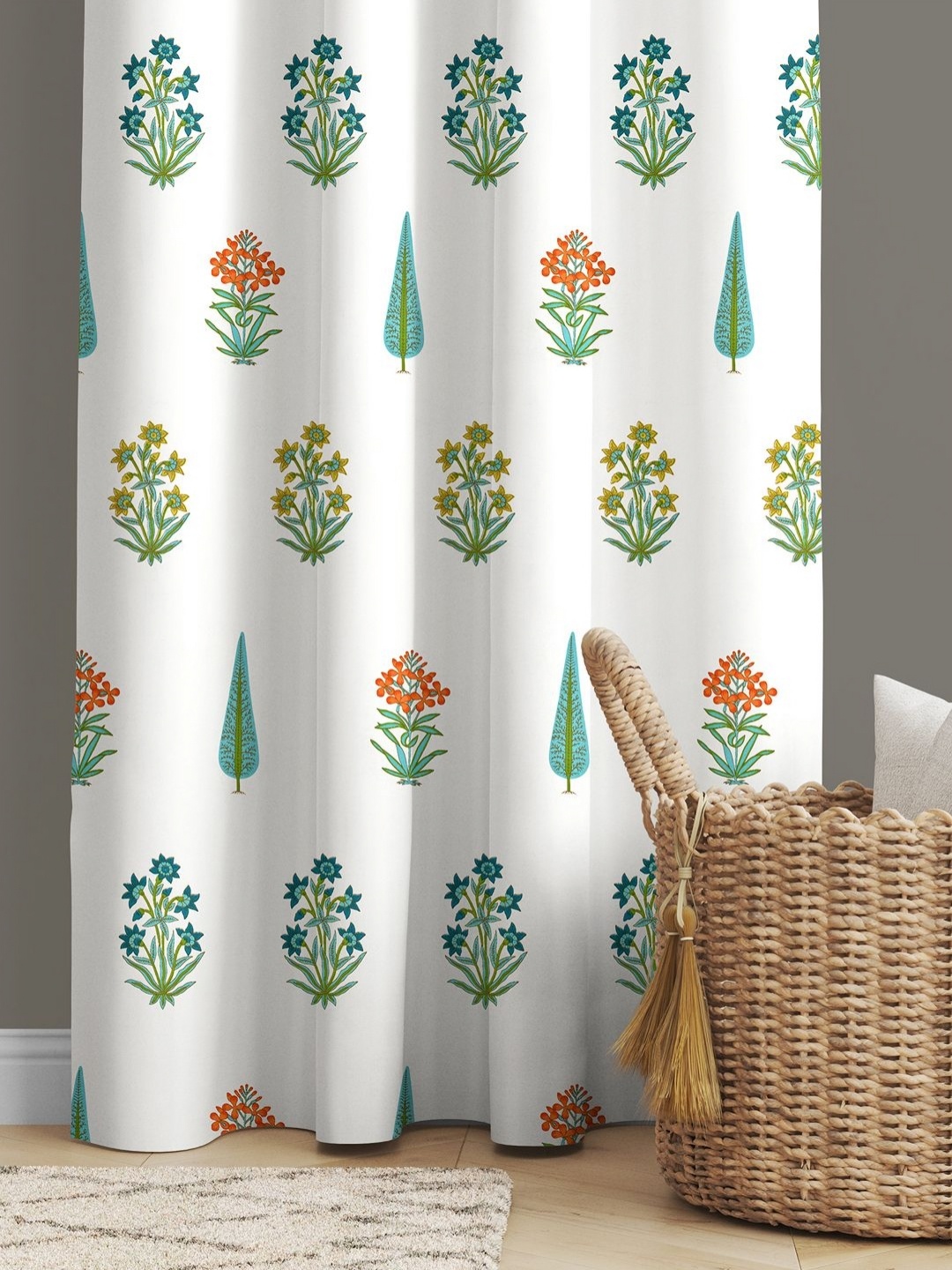 

JAIPUR FABRIC Sea Green & White Floral Long Door Curtain