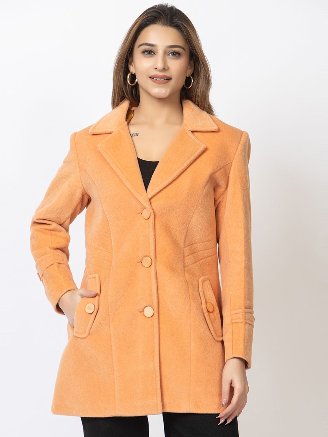 

Lady Leaf Notched Lapel Neck Long Sleeves Acrylic Long Overcoat, Orange