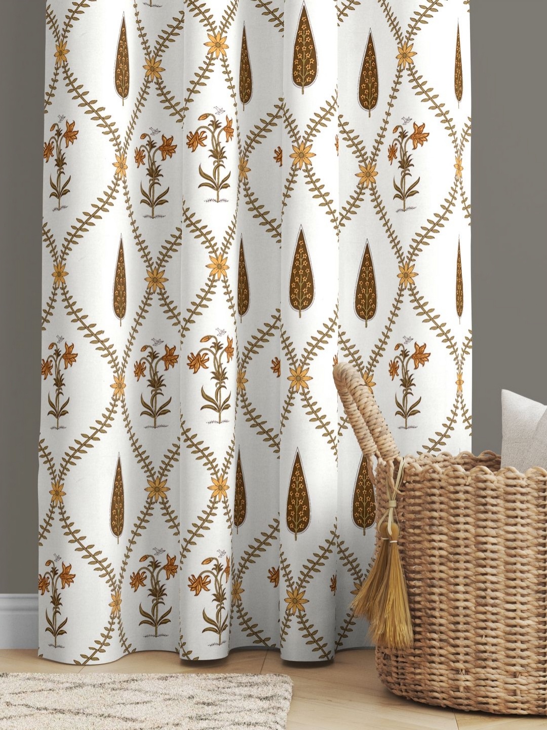 

JAIPUR FABRIC Yellow & White Floral Long Door Curtain