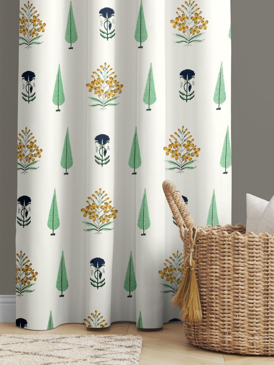 

JAIPUR FABRIC Lime Green & White Floral Long Door Curtain