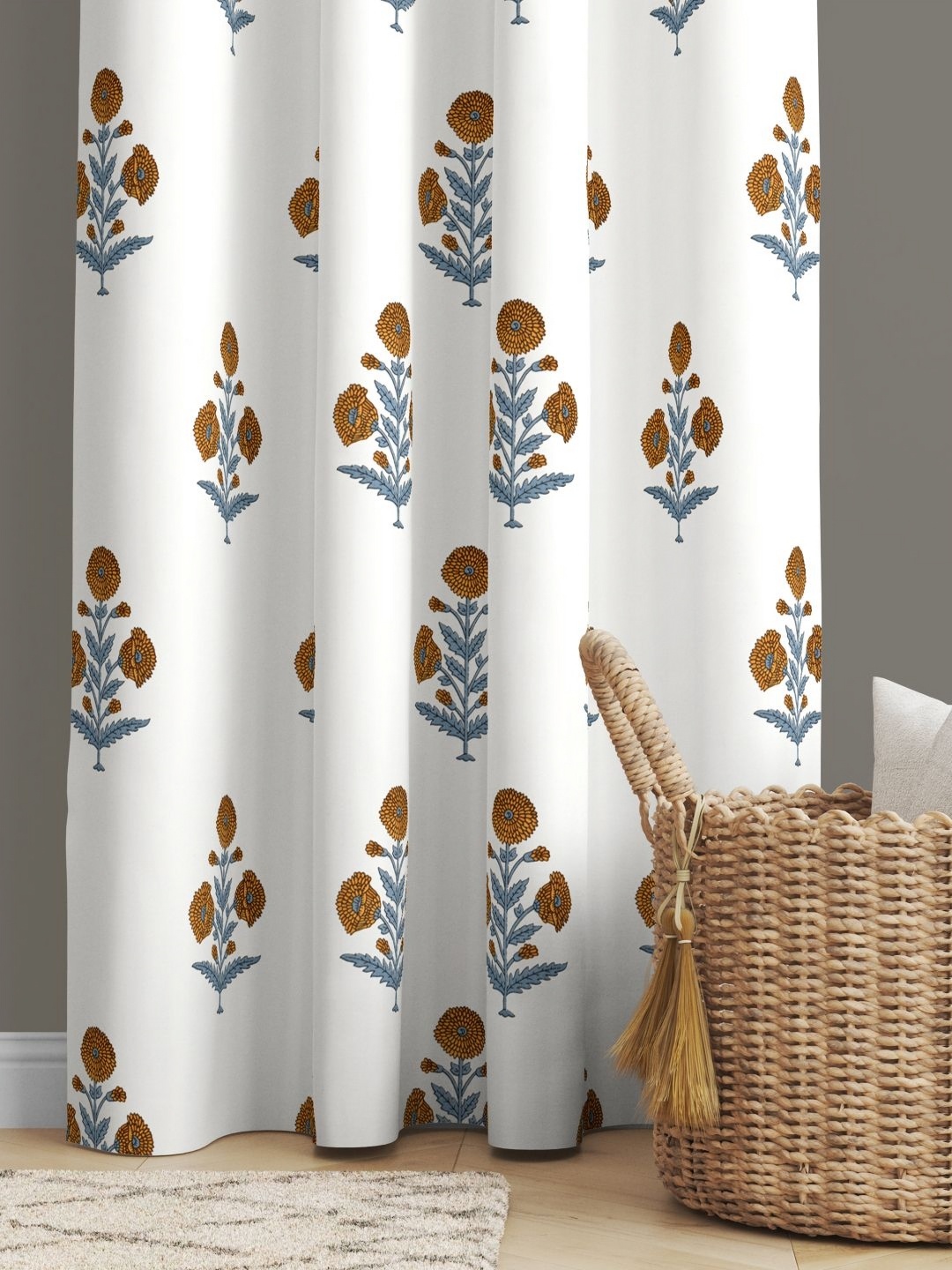 

JAIPUR FABRIC Mustard & Blue Floral Printed Cotton Window Curtain