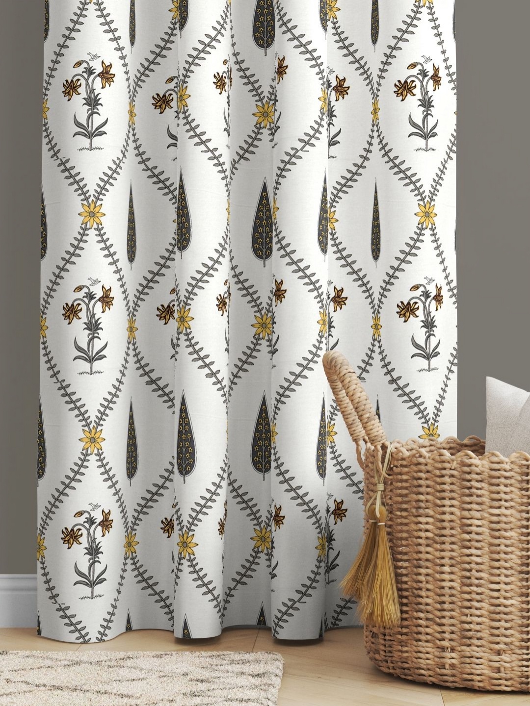 

JAIPUR FABRIC Grey & White Floral Long Door Curtain