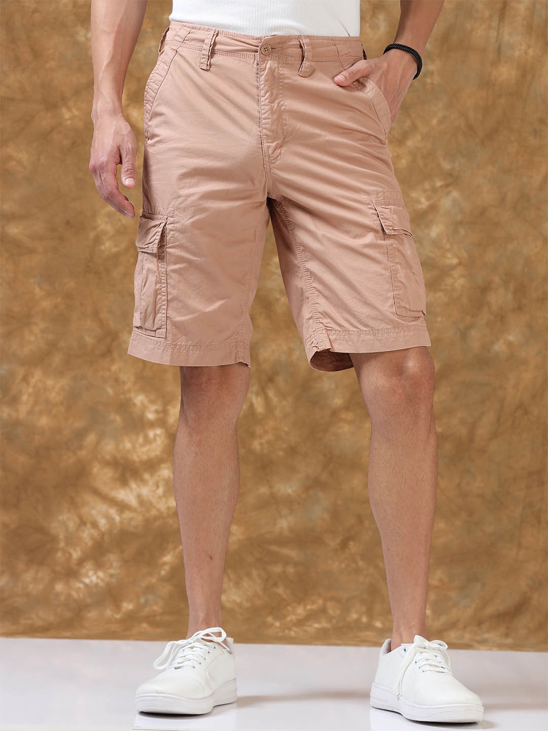 

THINC Men Cotton Mid -Rise Cargo Shorts, Pink