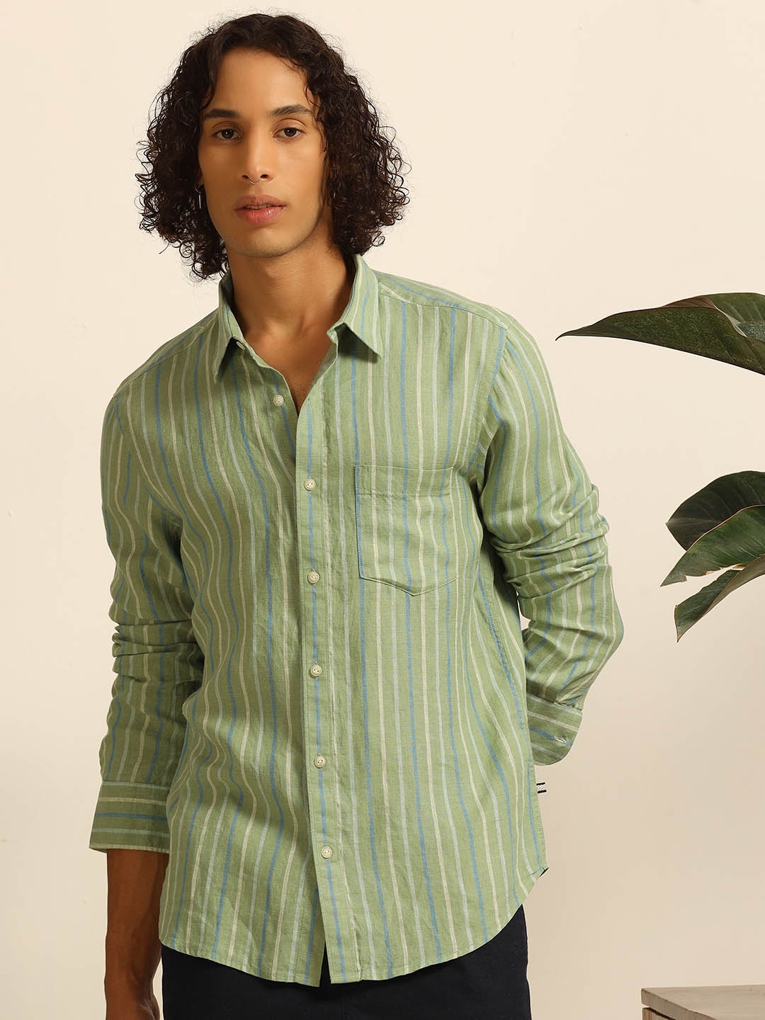 

THINC Men Striped Cotton Shirt, Green