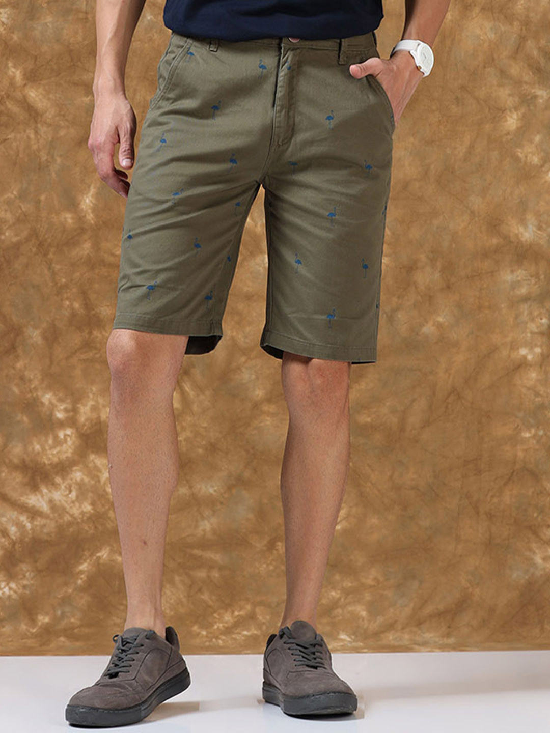 

THINC Men Cotton Printed Knee Length Shorts, Olive
