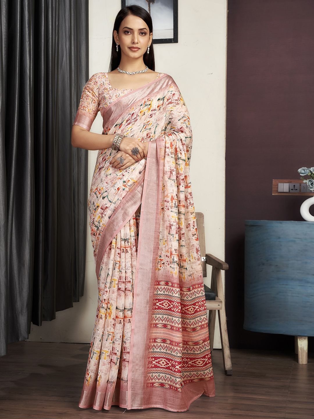 

SAMAH Abstract Printed Saree With Blouse Piece, Peach