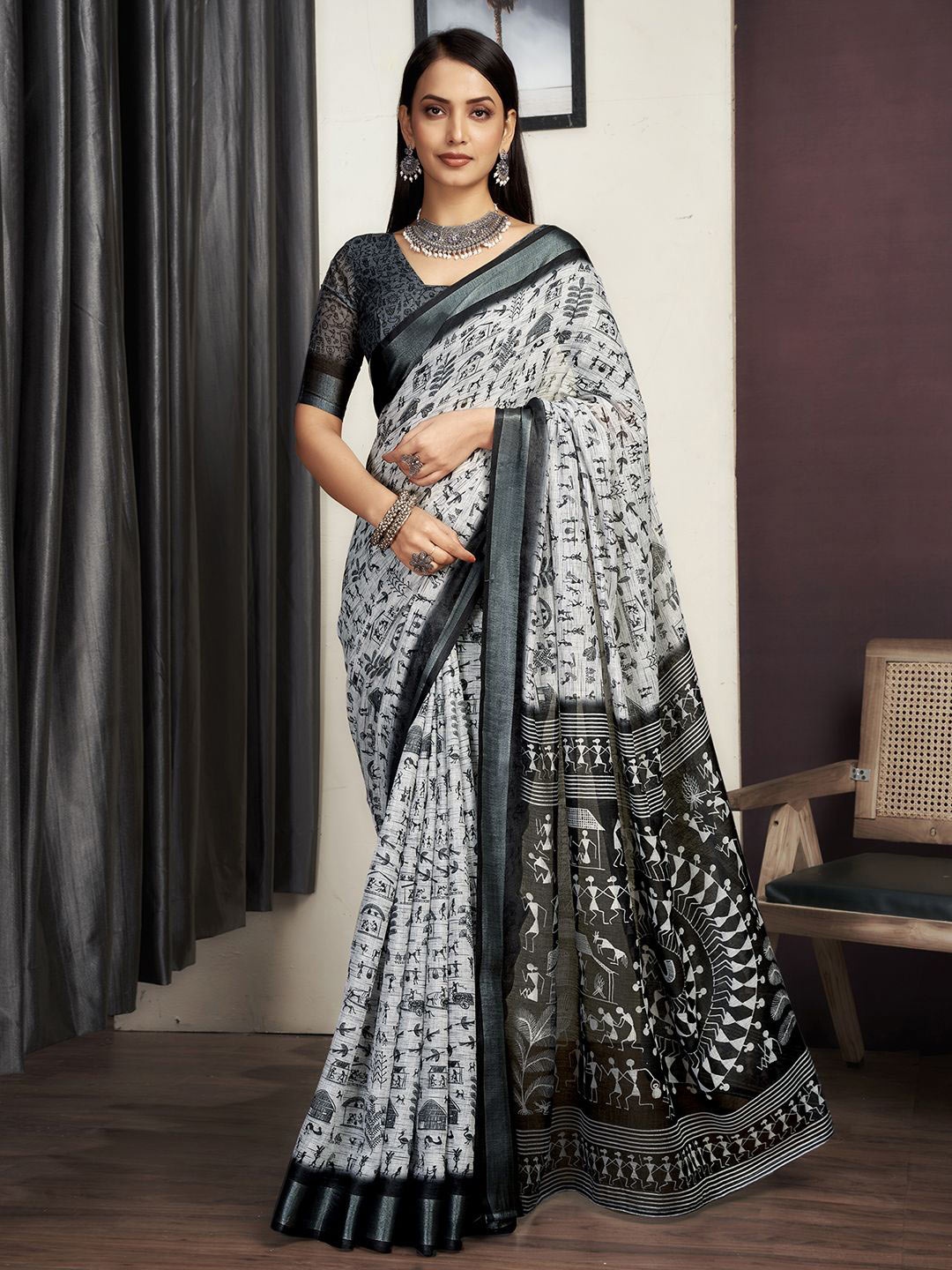 

SAMAH Warli Printed Zari Saree, White