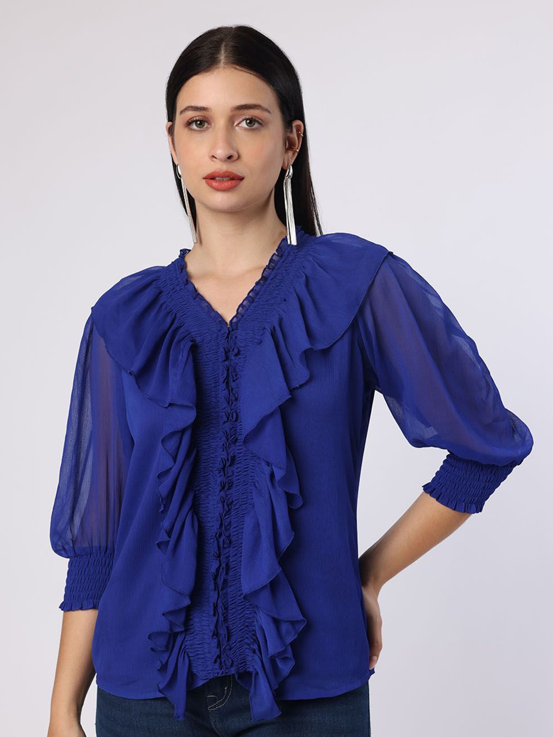 

BLANC9 Puff Sleeve Chiffon Blouson Top, Blue