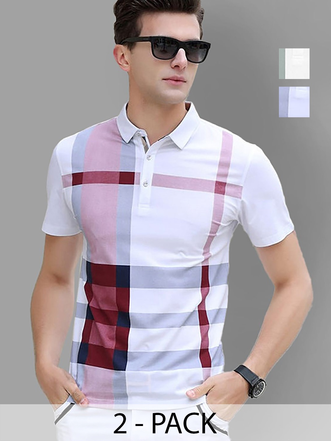 

AUSK Men Pack Of 2 Checked Polo Collar Slim Fit Cotton T-shirts, White