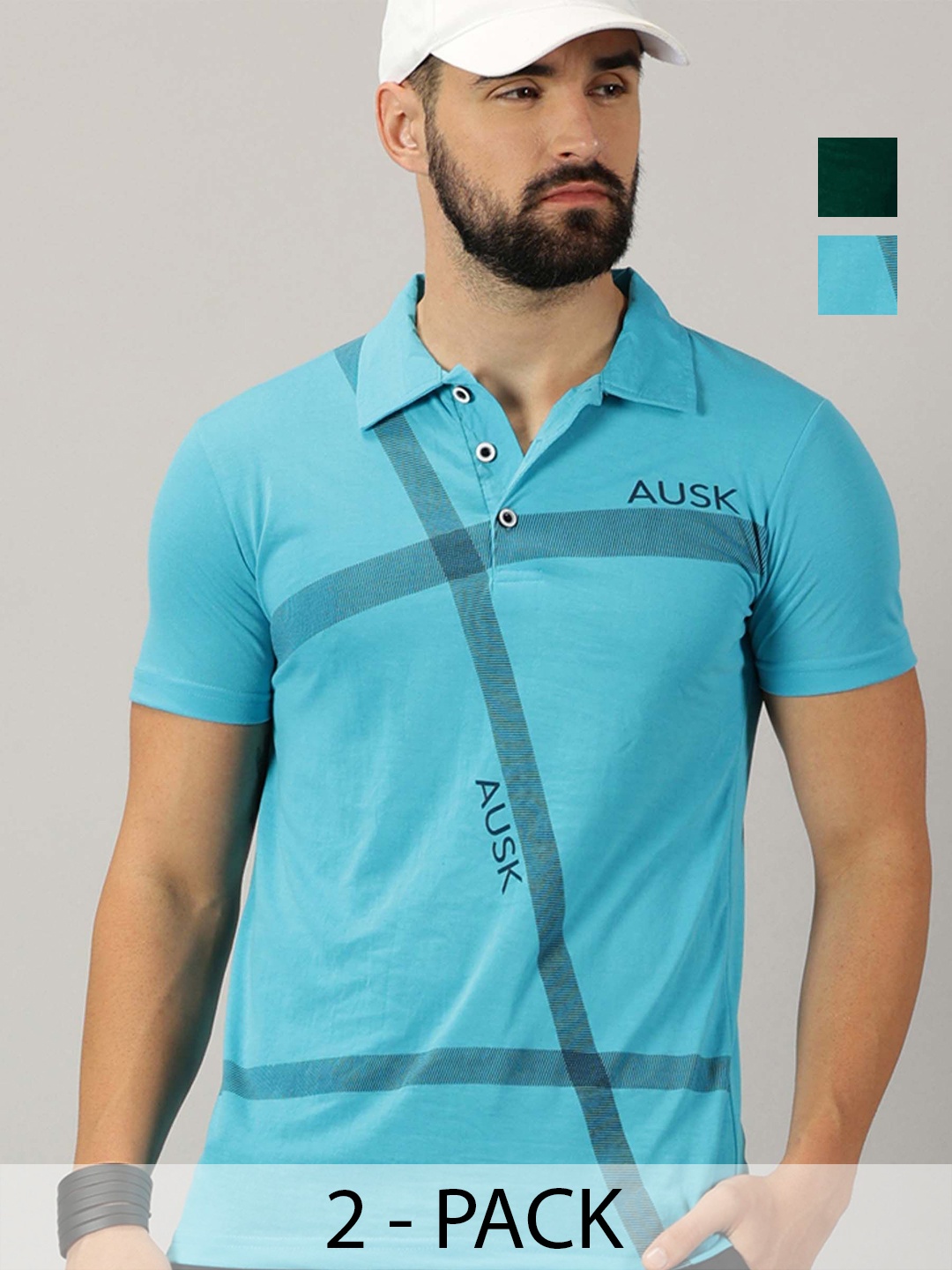 

AUSK Men Pack Of 2 Striped Polo Collar Cotton T-shirts, Turquoise blue