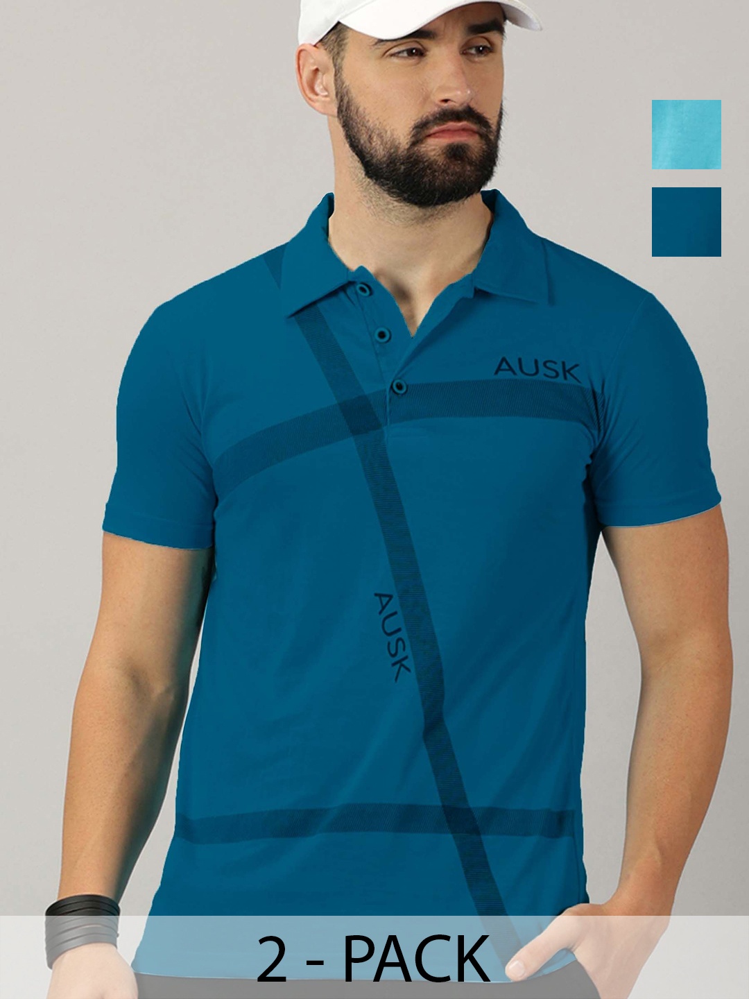 

AUSK Men Pack Of 2 Striped Polo Collar Cotton T-shirts, Turquoise blue